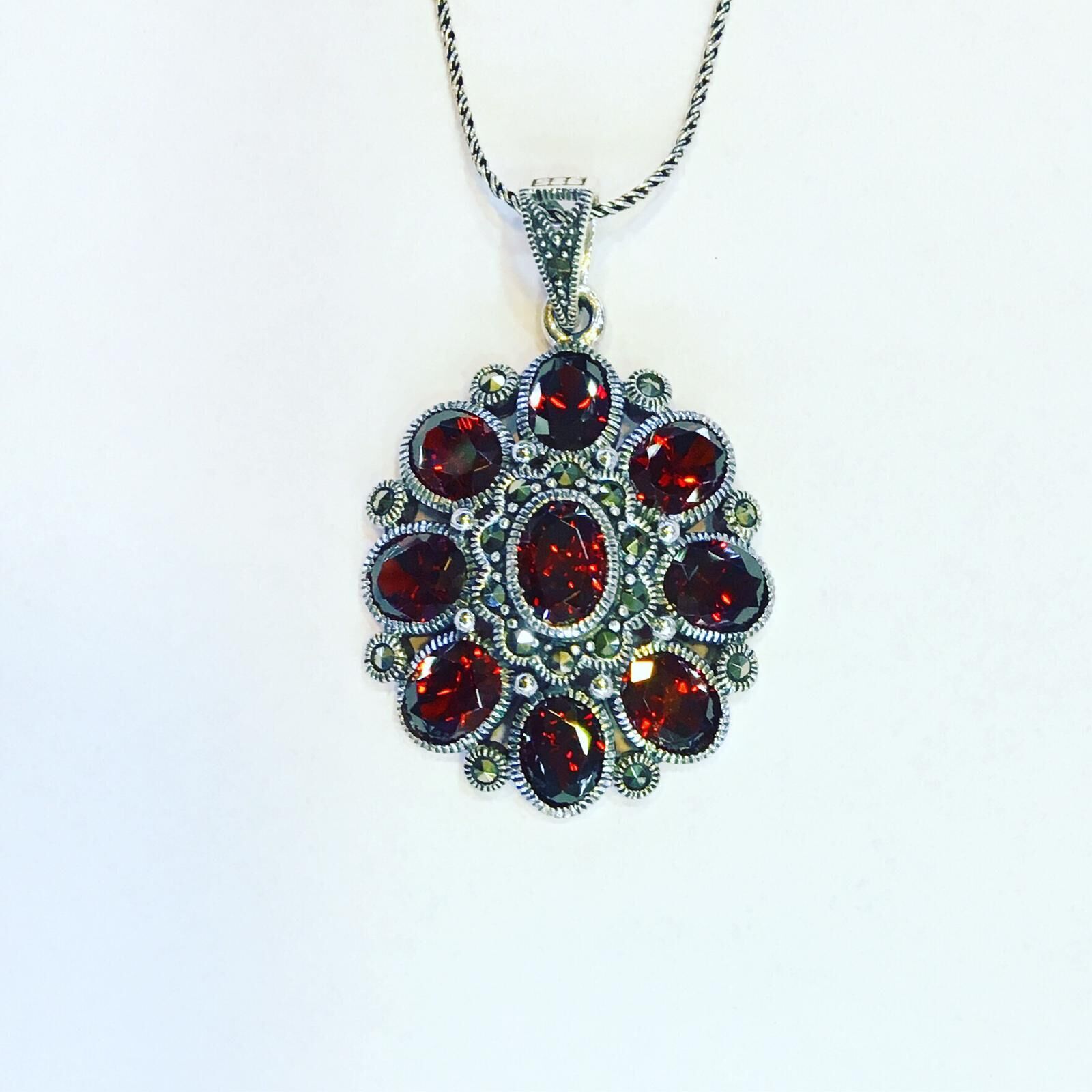 925 Ayar Gümüş Lal Granet Kırmızı Taşlı Markazit Kolye