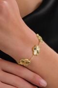 Gümüş Üçlü Yonca Papatya Çiçek Gold Altın Kaplama Kalemli Lazer İşlemeli Taşsız Bileklik