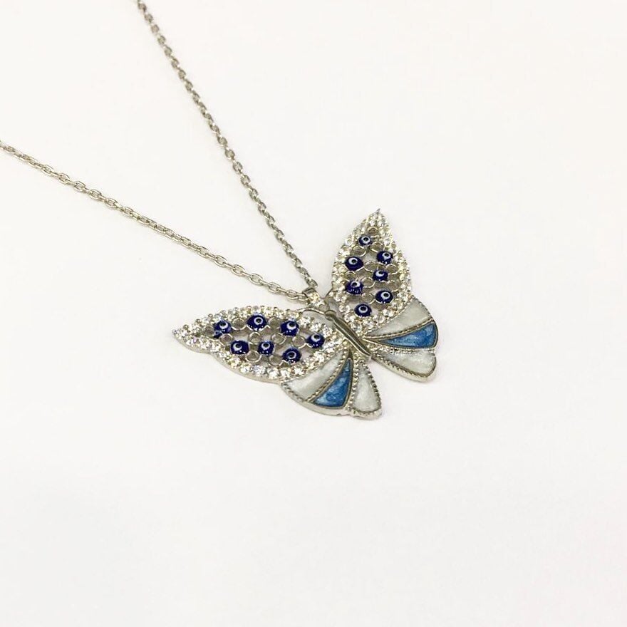 925 AYAR GÜMÜŞ MAVİ KELEBEK KOLYE