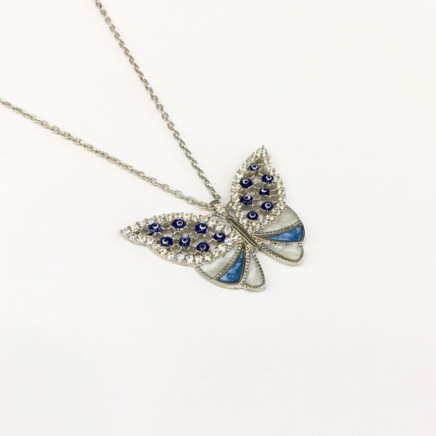 925 AYAR GÜMÜŞ MAVİ KELEBEK KOLYE