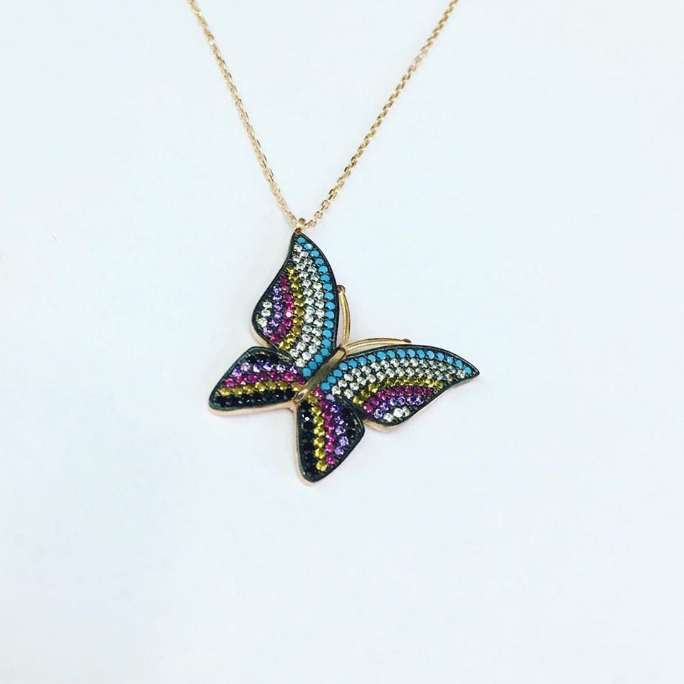 925 AYAR GÜMÜŞ ROSE RENKLİ ZİRKON TAŞLI KELEBEK KOLYE