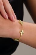 Gümüş Altın Gold Kaplama Üçlü Yonca Çiçek Kalemli Lazer İşlemeli Taşsız Bileklik