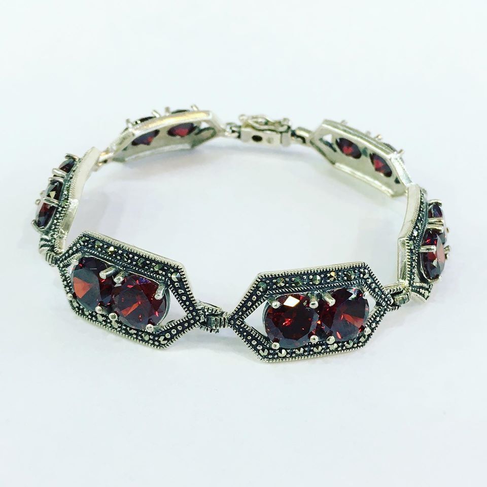GÜMÜŞ MARKAZİT VE LAL GRANET TAŞLI BİLEKLİK