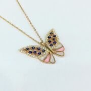 925 AYAR GÜMÜŞ ROSE KELEBEK PEMBE MİNE İŞLEMELİ KOLYE