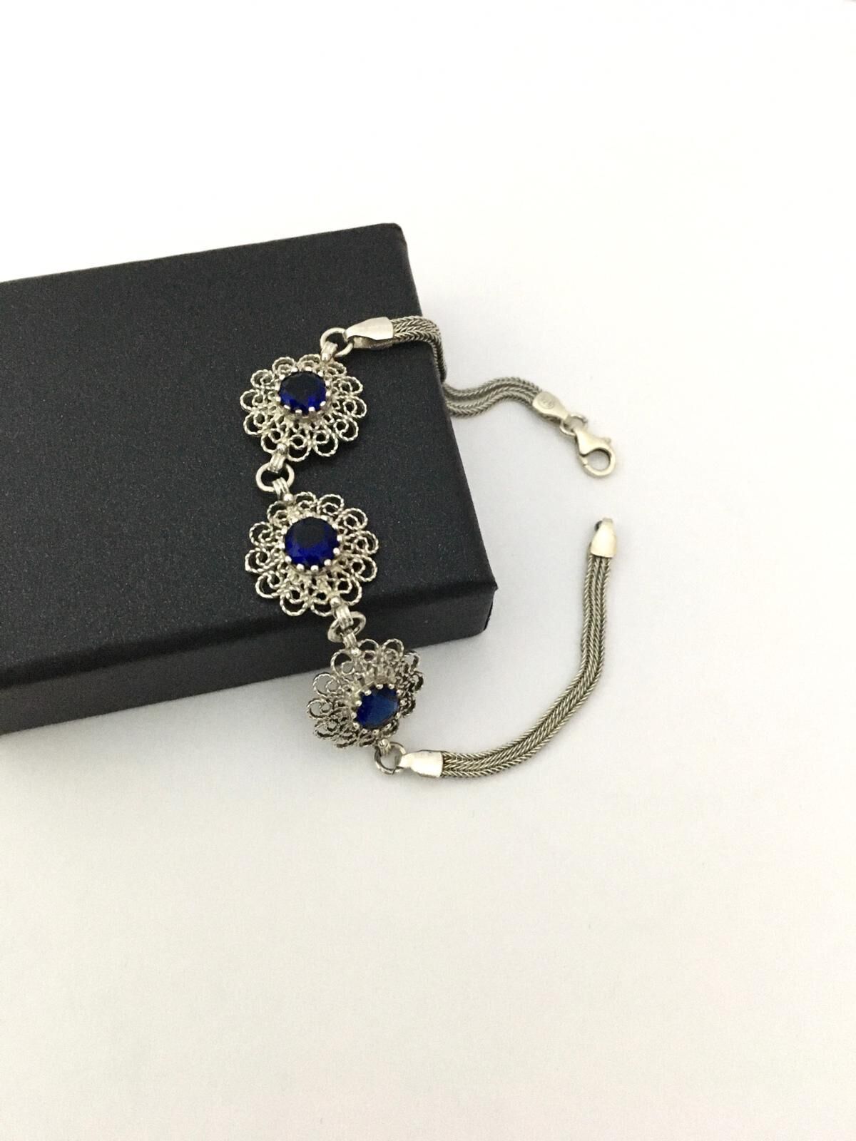 GÜMÜŞ KÖK SAFİR TAŞLI TELKARİ BİLEKLİK