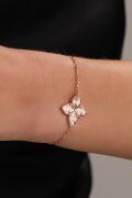 Gümüş Rose Kaplama Yonca Çiçek Lazer Kalem İşlemeli Taşsız Bileklik