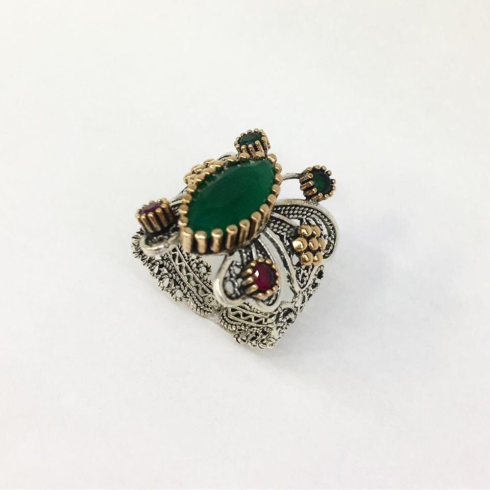 GÜMÜŞ TELKARİ KELEBEK HERCAİ KÖK ZÜMRÜT YEŞİL TAŞLI YÜZÜK