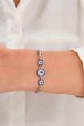 Gümüş Mavi Nazar Boncuklu Zirkon Taşlı Zincirli Göz Bileklik