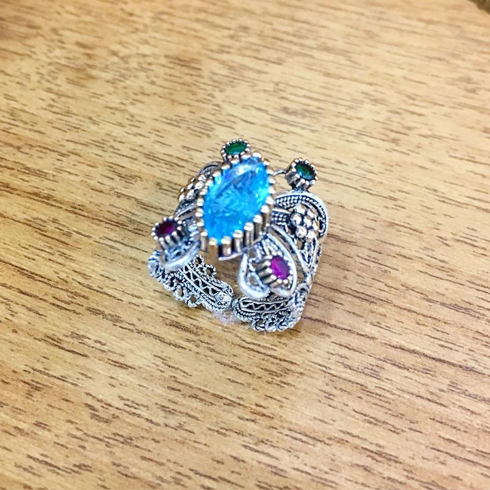 925 GÜMÜŞ TELKARİ AÇIK TURKUAZ TAŞLI HERCAİ KELEBEK YÜZÜK