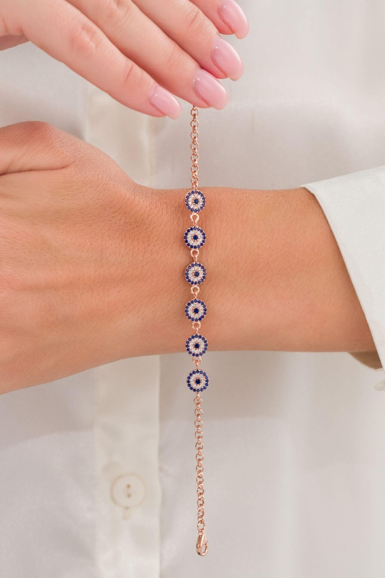 Gümüş Rose Kaplama Mavi  Altılı Nazar Boncuklu  Göz Bileklik