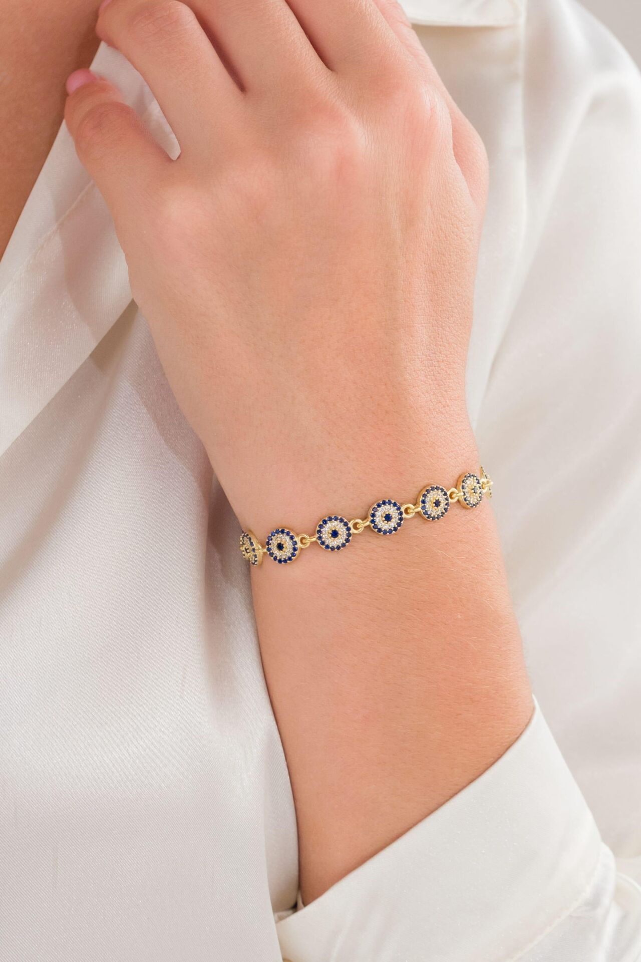 Gümüş Altın Kaplama Mavi Lacivert Nazar Boncuklu Boncuğu Zirkon Taşlı Göz Bileklik