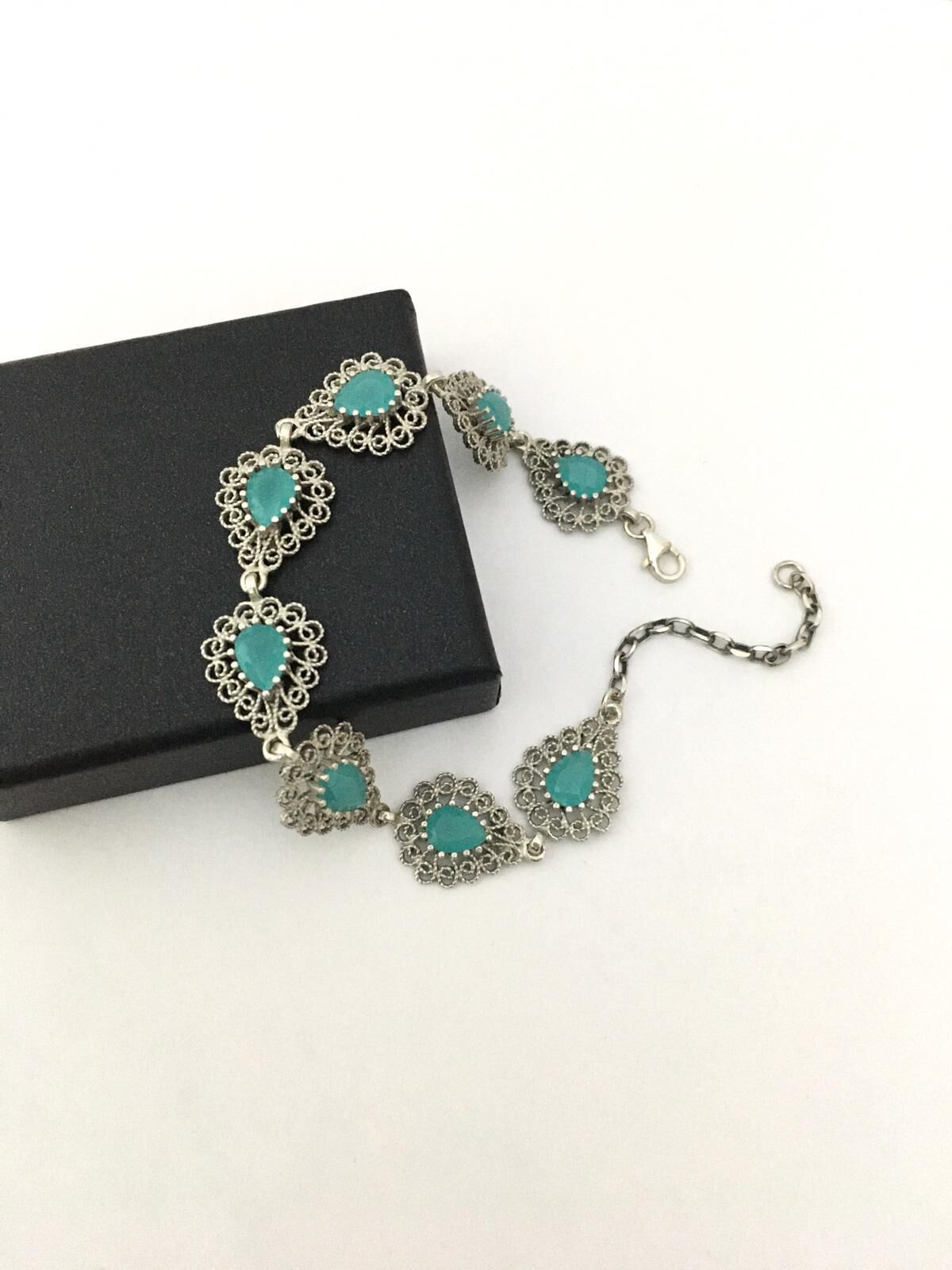 GÜMÜŞ TURKUAZ TAŞLI DAMLA TELKARİ BİLEKLİK