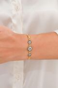 Gümüş Altın Kaplama Mavi Nazar Boncuklu Zirkon Taşlı Zincirli Göz Bileklik