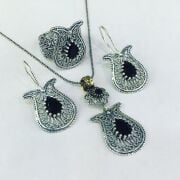 GÜMÜŞ TELKARİ  SİYAH ZİRKON TAŞLI LALE SET