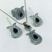 GÜMÜŞ TELKARİ  SİYAH ZİRKON TAŞLI LALE SET