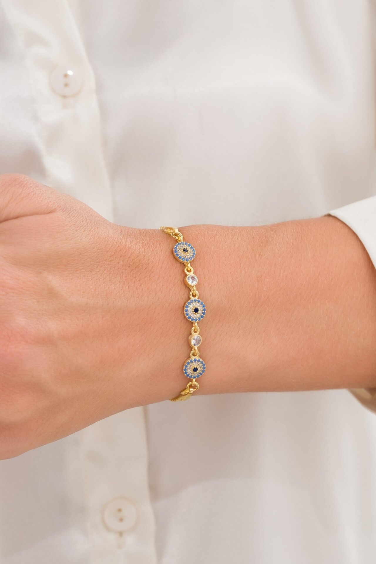 Gümüş Altın Kaplama Turkuaz Nazar Boncuklu Zirkon Taşlı Bileklik