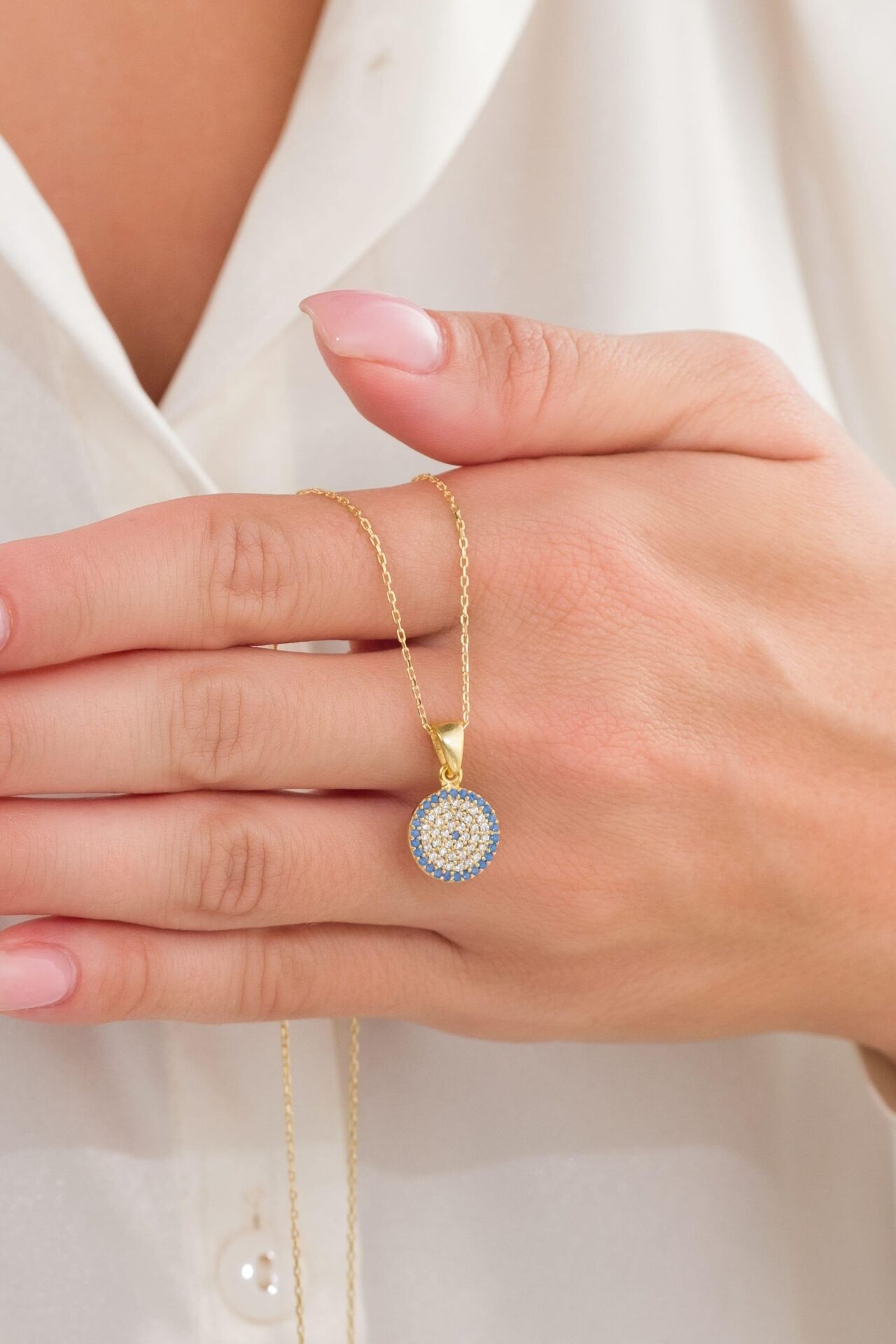 11 mm Gümüş  Altın Kaplama Turkuaz ve Zirkon Taşlı Nazar Boncuklu Boncuğu Göz Kolye