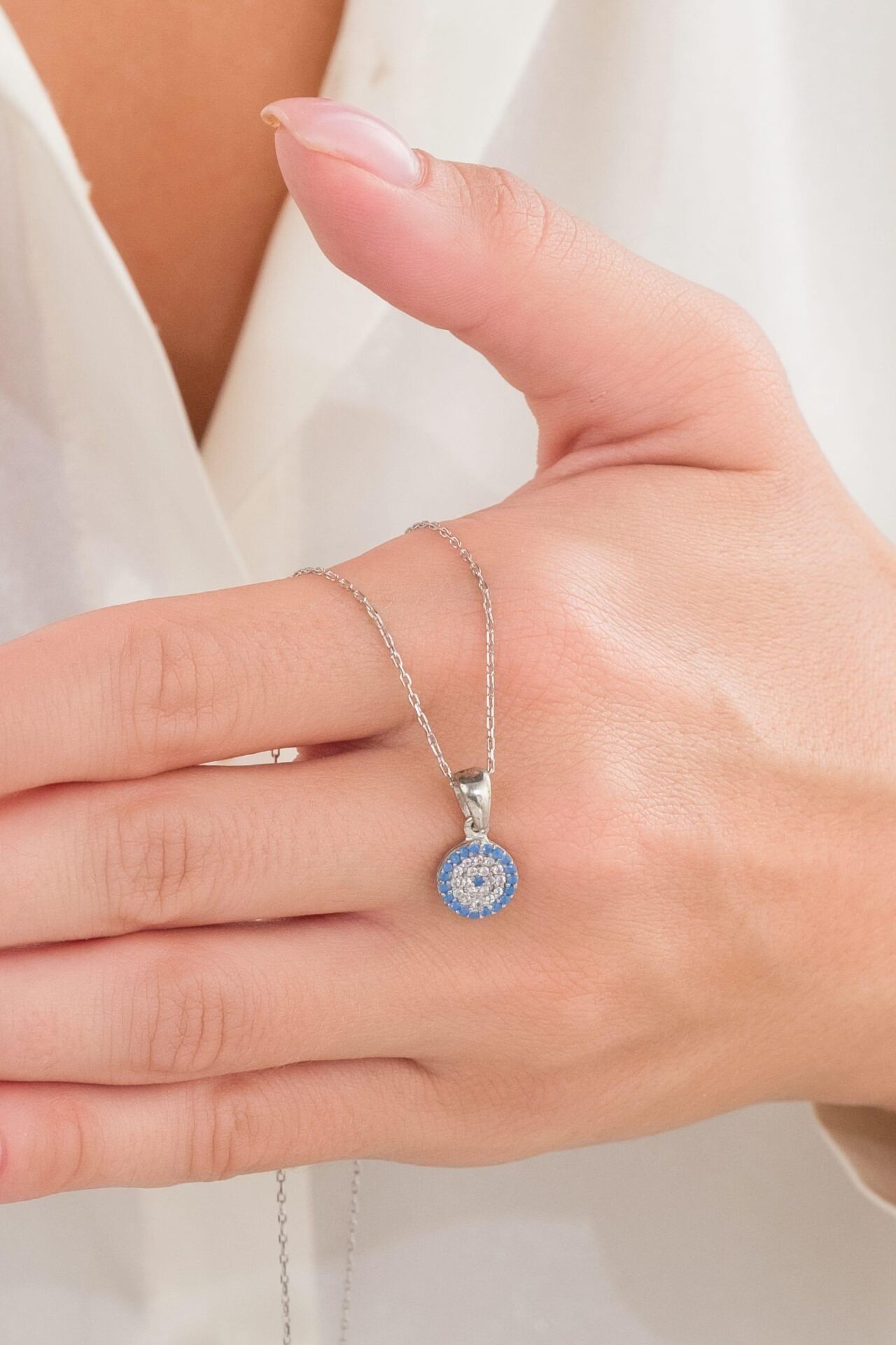 9 mm Gümüş Minimal Turkuaz Nazar Boncuklu Boncuğu Göz Kolye