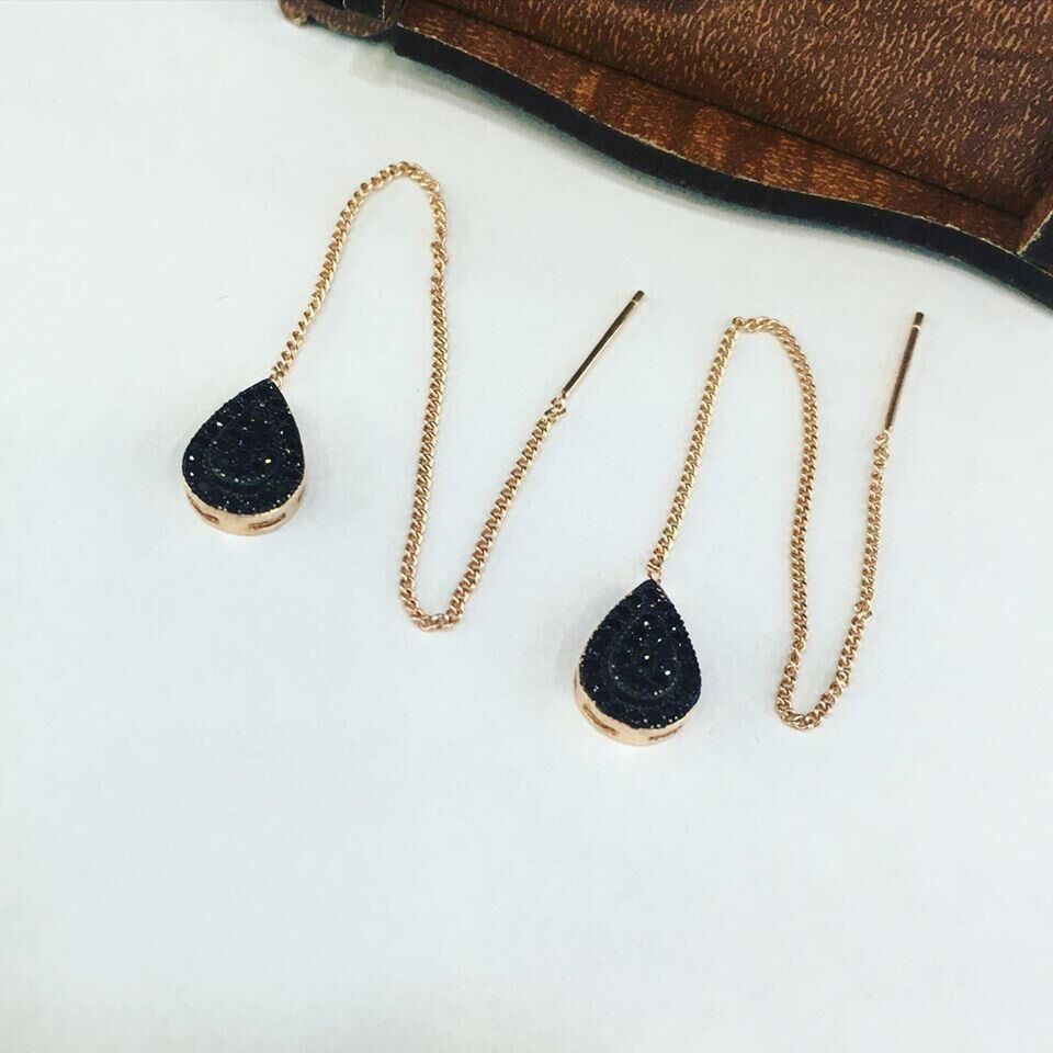 Rose Zincir Siyah Zirkon Taşlı Damla Gümüş Küpe