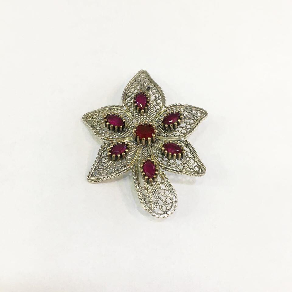 925 Ayar Gümüş Telkari Kök Yakut Taşlı Broş