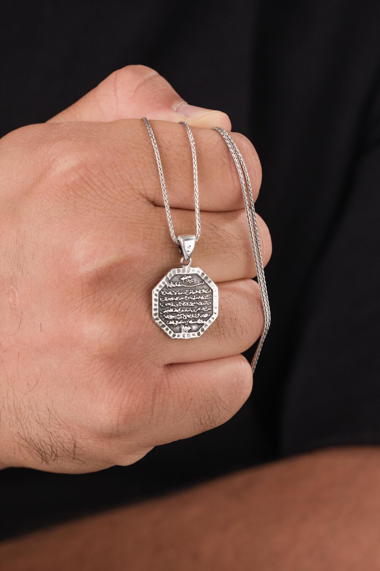 925 AYAR Gümüş Ayetel Kürsi Ayet Sekizgen Sekiz Köşeli Karartmalı Model Kolye
