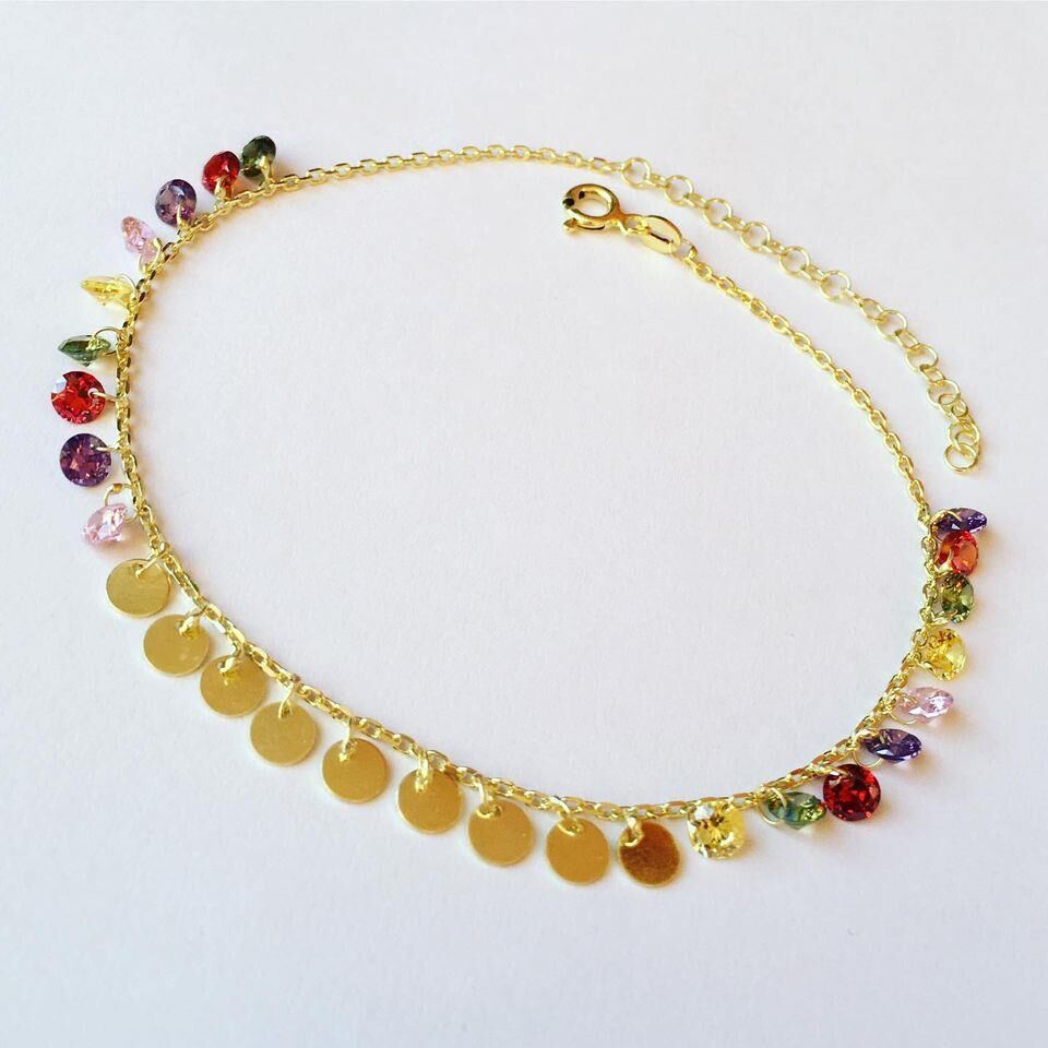 ALTIN KAPLAMA RENKLİ ZİRKON TAŞLI PULLU GÜMÜŞ HALHAL