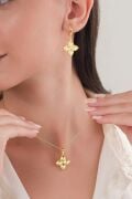 Gümüş Altın Gold Kaplama Yonca Lazer Kalem İşlemeli Kolye KÜPE SET