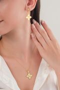 Gümüş Altın Gold Kaplama Yonca Lazer Kalem İşlemeli Kolye KÜPE SET