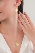 Gümüş Altın Gold Kaplama Yonca Lazer Kalem İşlemeli Kolye KÜPE SET