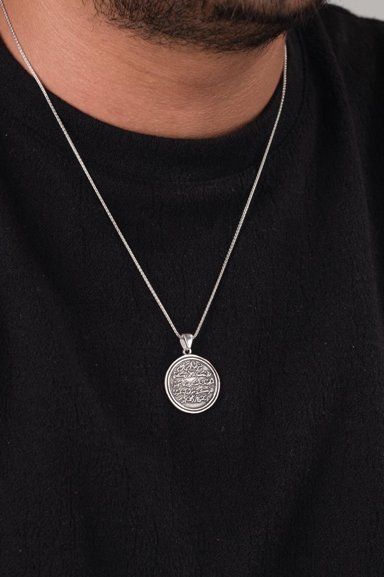 Gümüş Nazar Ayeti Kolye (Kalem Suresi 51-52. Ayet) Eskitme Karartılmış Erkek Kolye