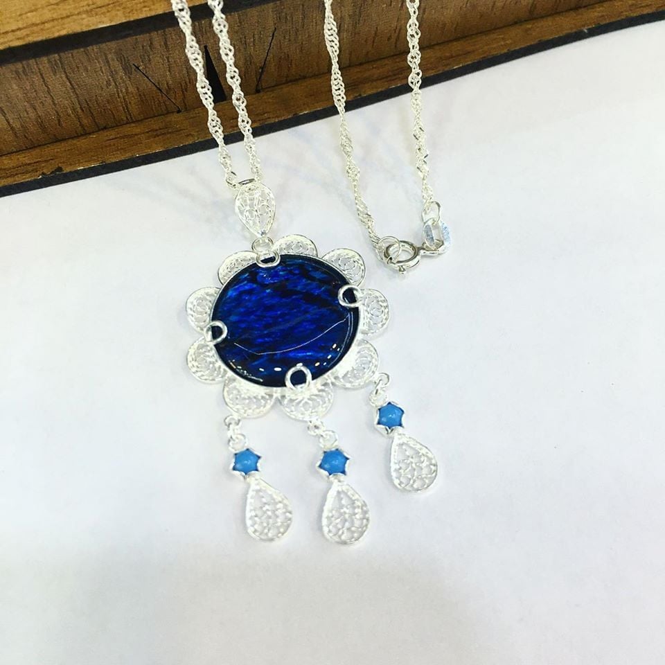 GÜMÜŞ TELKARİ SU SEDEFİ  TAŞLI KOLYE