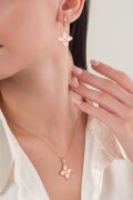 Gümüş ROSE Kaplama Yonca Lazer Kalem İşlemeli Kolye KÜPE SET
