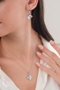 Gümüş Yonca Lazer KESİM Kalem İşlemeli Kolye KÜPE SET