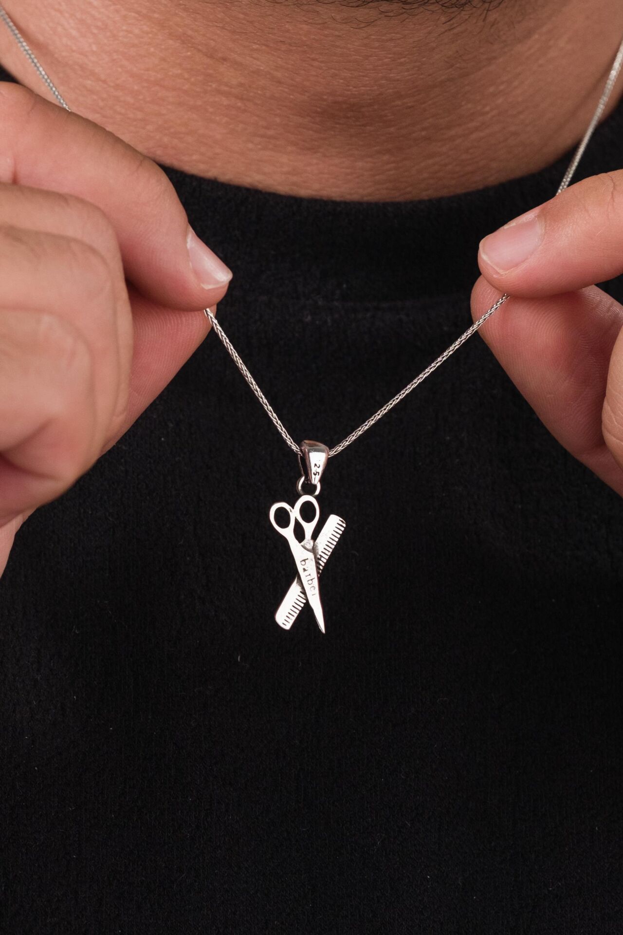 925 AYAR GÜMÜŞ BERBER MAKAS TARAK BARBER KUAFÖR SETİ KOLYE