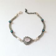 GÜMÜŞ TELKARİ PEMBE KUVARS TAŞLI DAMLA BİLEKLİK