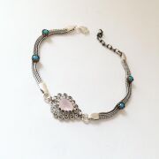 GÜMÜŞ TELKARİ PEMBE KUVARS TAŞLI DAMLA BİLEKLİK