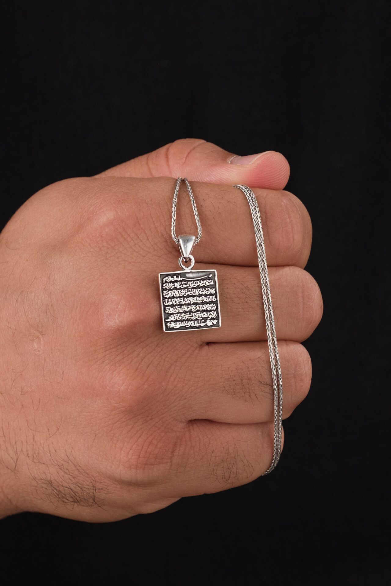 925 AYAR Gümüş Ayetel Kürsi Ayet Karartmalı Kare Model Kolye