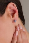 Gümüş 7.5 mm Nazar Boncuklu Boncuğu Minimal Küçük Yuvarlak Çivili Küpe