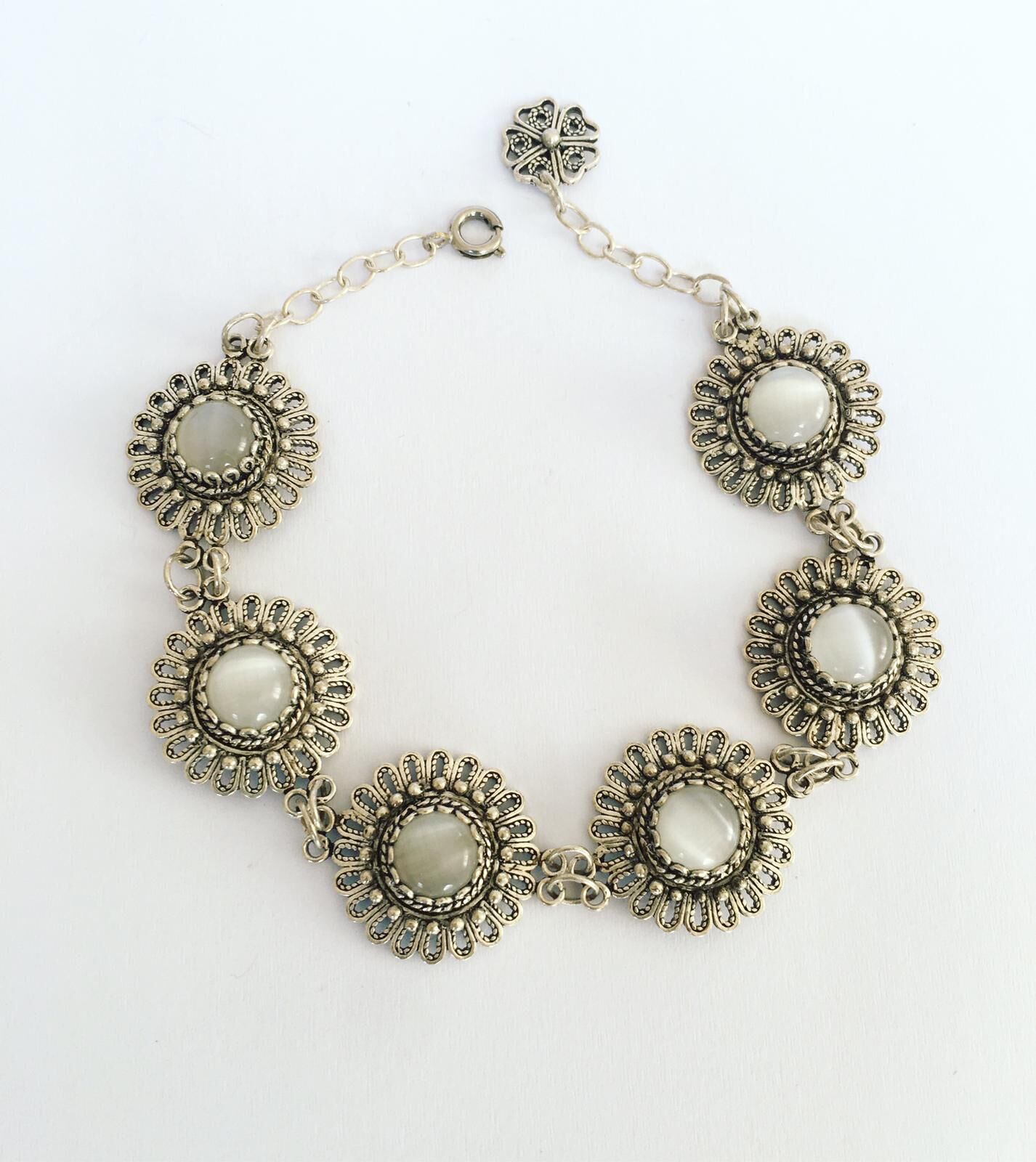 GÜMÜŞ TELKARİ SEDEF  TAŞLI ÇİÇEK  BİLEKLİK