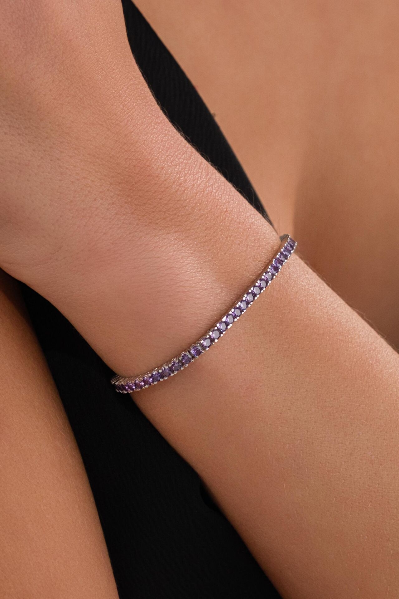 3mm Gümüş Mor Lila Renk Zirkon Taşlı Rodyumlu Su Yolu Bileklik