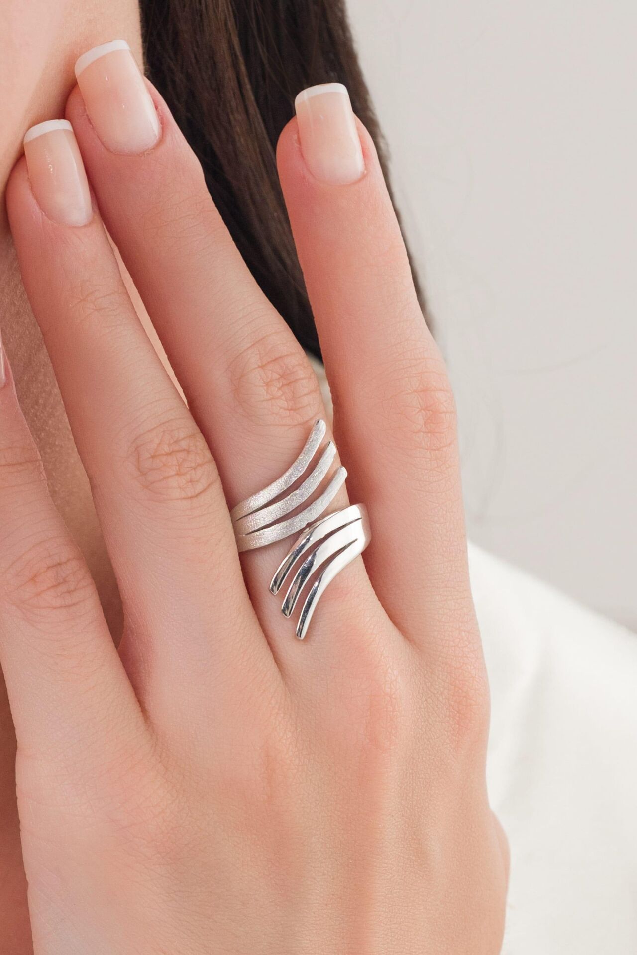 GÜMÜŞ MELEK KANADI MAT VE PARLAK TAŞSIZ SADE MODERN AYARLANABİLİR YÜZÜK