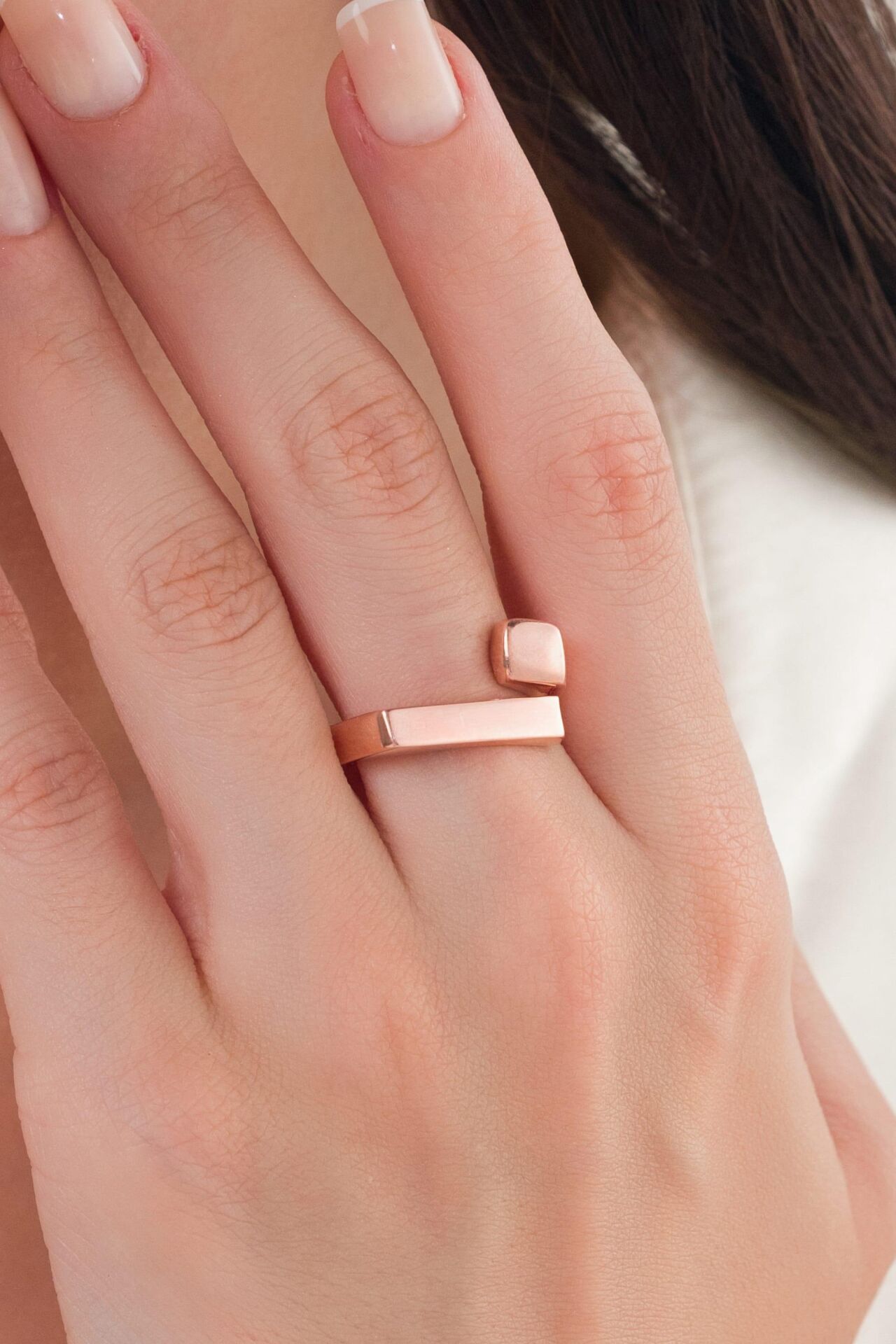 GÜMÜŞ ROSE KAPLAMA DİKDÖRTGEN KARE DÜZ SADE MODERN TAŞSIZ AYARLANABİLİR YÜZÜK