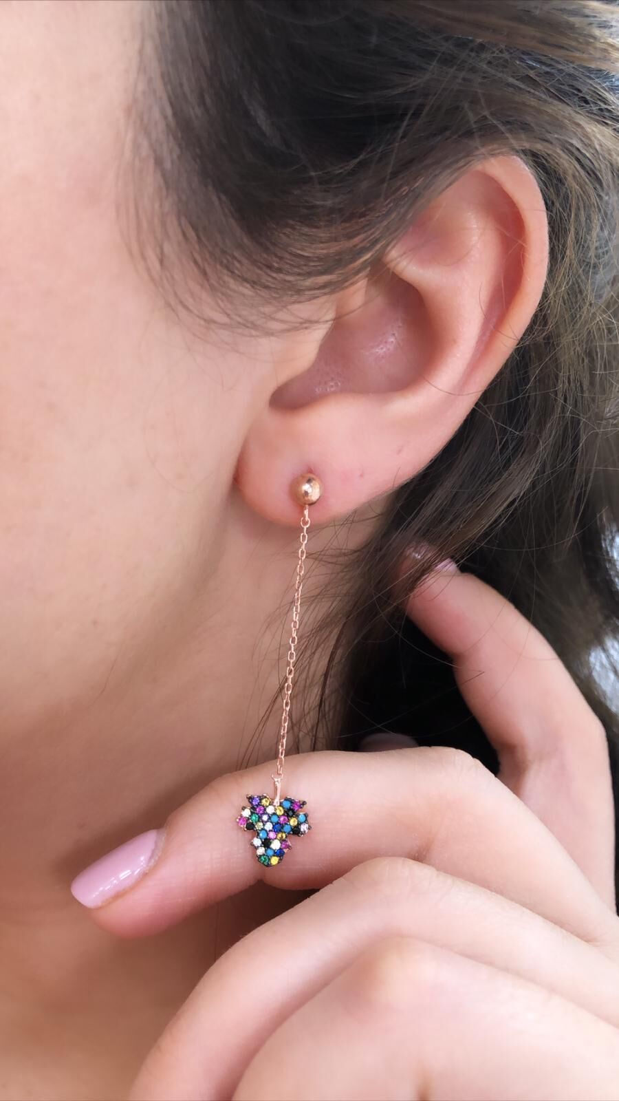 ZİNCİRLİ RENKLİ YAPRAK GÜMÜŞ KÜPE