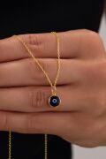 8 mm Gümüş Altın Gold Kaplama Koyu Mavi Lacivert Nazar Boncuğu Cam Göz Kolye