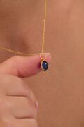 8 mm Gümüş Altın Gold Kaplama Koyu Mavi Lacivert Nazar Boncuğu Cam Göz Kolye
