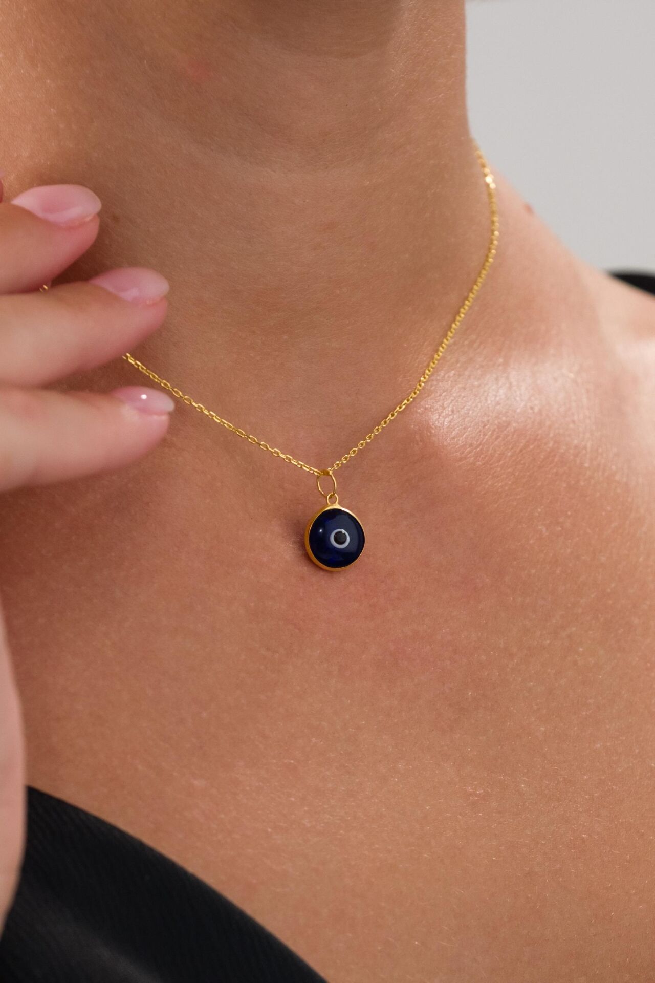 10 mm Gümüş Altın Gold Kaplama Koyu Mavi Lacivert Nazar Boncuğu Cam Göz Kolye