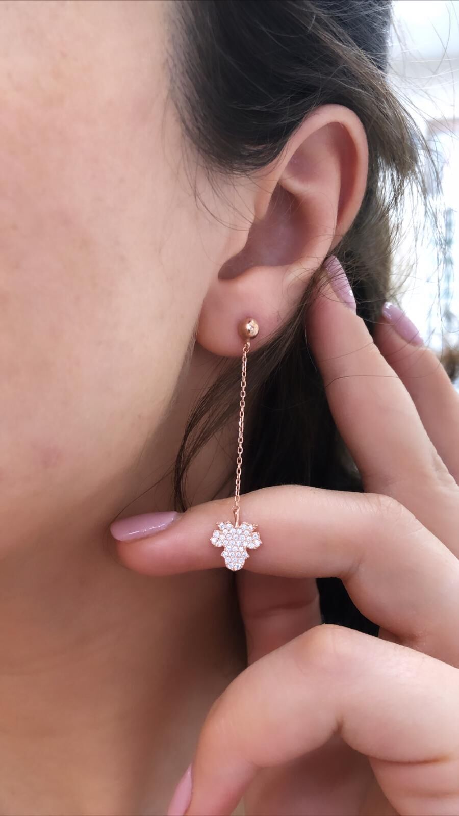 GÜMÜŞ ROSE ZİRKON TAŞLI ZİNCİRLİ YAPRAK KÜPE