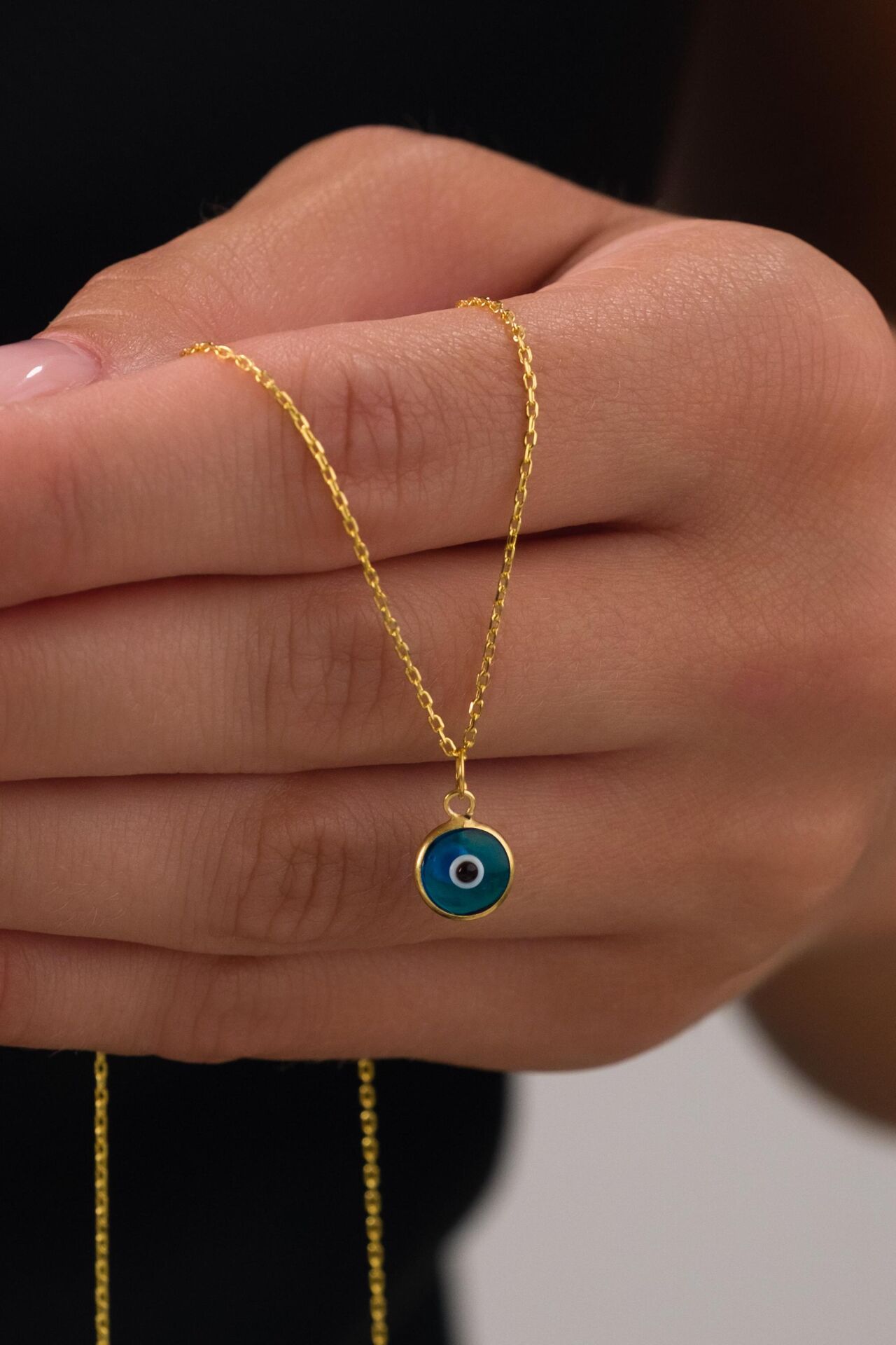 8 mm Gümüş Altın Gold Kaplama Açık Mavi Turkuaz Gök Mavisi Nazar Boncuğu Cam Göz Kolye