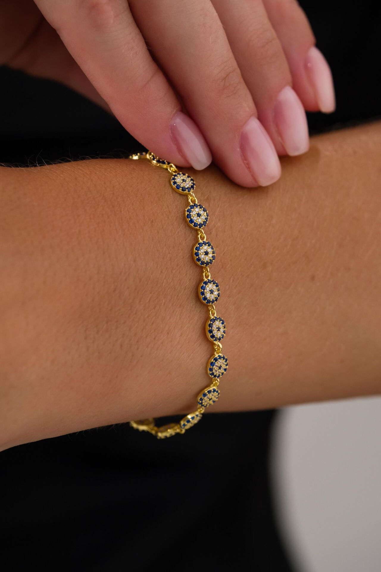 Gümüş Altın Gold Kaplama Mavi Nazar Boncuklu Göz Yuvarlak Su Yolu Sıralı Bileklik