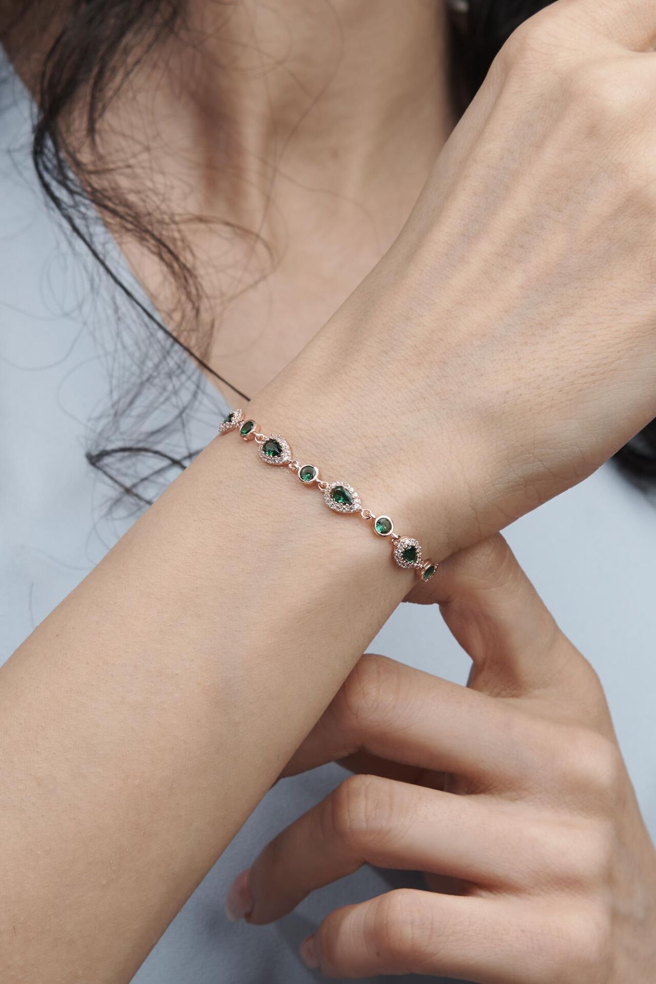 Gümüş Rose Damla Yeşil Zirkon Taşlı Su Yolu Bileklik